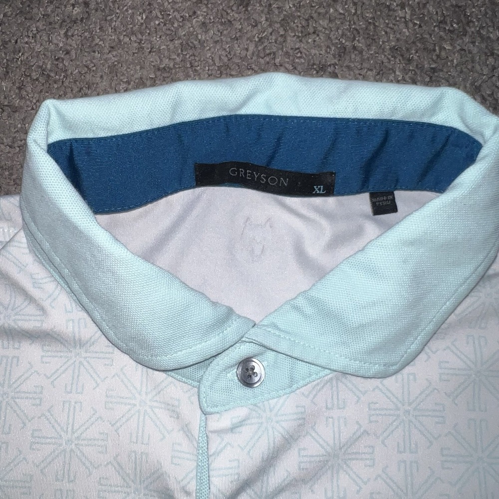 Greyson Mens XL Golf Polo Shirt White Mint Collar Snowflake Geometric Pattern - Picture 5 of 6